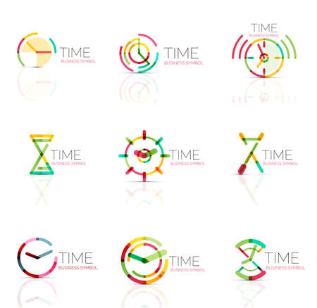 Linear time and clock abstract logo set, connected multicolored segments of lines. Vector minimal wire business icons isolated on white. Flat designのイラスト素材