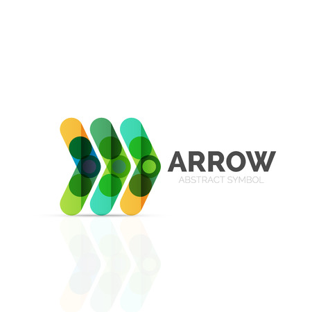 Linear arrow abstract logo, connected multicolored segments of lines in directional pointer figure. Vector wire business icon isolated on whiteのイラスト素材