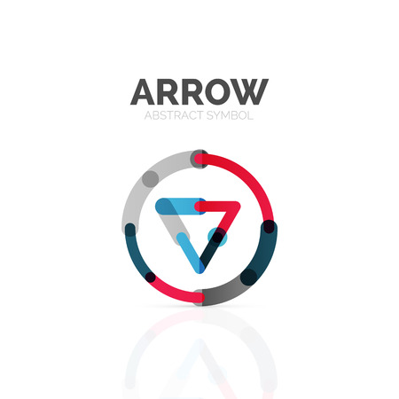 Linear arrow abstract logo, connected multicolored segments of lines in directional pointer figure. Vector wire business icon isolated on whiteのイラスト素材