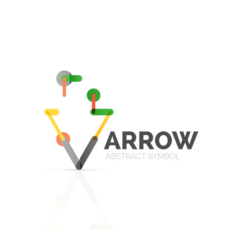 Linear arrow abstract logo, connected multicolored segments of lines in directional pointer figure. Vector wire business icon isolated on whiteのイラスト素材