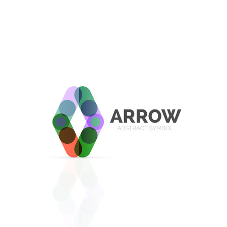 Linear arrow abstract logo, connected multicolored segments of lines in directional pointer figure. Vector wire business icon isolated on whiteのイラスト素材
