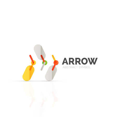 Linear arrow abstract logo, connected multicolored segments of lines in directional pointer figure. Vector wire business icon isolated on whiteのイラスト素材
