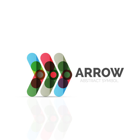 Linear arrow abstract logo, connected multicolored segments of lines in directional pointer figure. Vector wire business icon isolated on whiteのイラスト素材