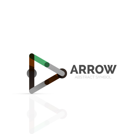 Linear arrow abstract logo, connected multicolored segments of lines in directional pointer figure. Vector wire business icon isolated on whiteのイラスト素材