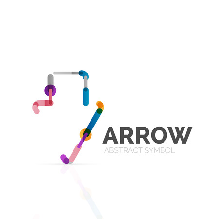 Linear arrow abstract logo, connected multicolored segments of lines in directional pointer figure. Vector wire business icon isolated on whiteのイラスト素材