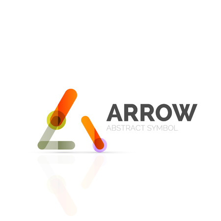 Linear arrow abstract logo, connected multicolored segments of lines in directional pointer figure. Vector wire business icon isolated on whiteのイラスト素材