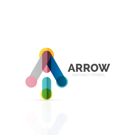 Linear arrow abstract logo, connected multicolored segments of lines in directional pointer figure. Vector wire business icon isolated on whiteのイラスト素材