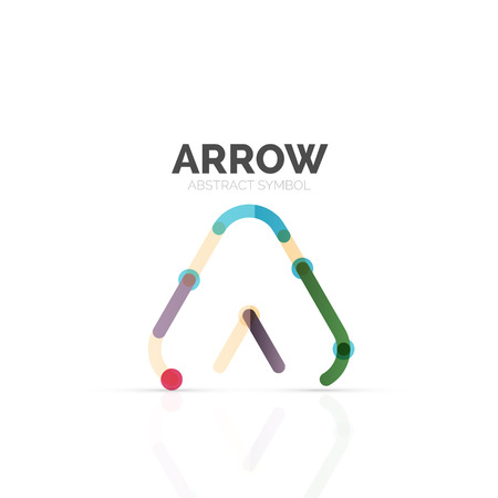 Linear arrow abstract logo, connected multicolored segments of lines in directional pointer figure. Vector wire business icon isolated on whiteのイラスト素材