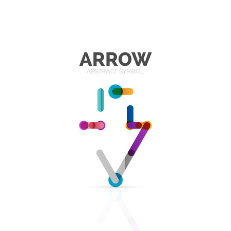 Linear arrow abstract logo, connected multicolored segments of lines in directional pointer figure. Vector wire business icon isolated on whiteのイラスト素材