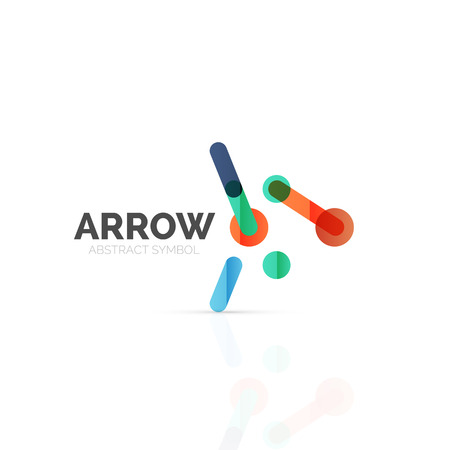 Linear arrow abstract logo, connected multicolored segments of lines in directional pointer figure. Vector wire business icon isolated on whiteのイラスト素材