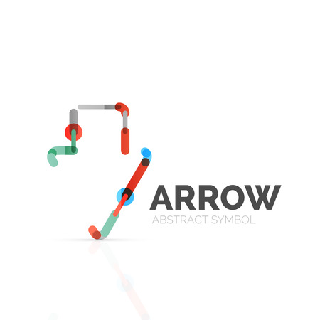 Linear arrow abstract logo, connected multicolored segments of lines in directional pointer figure. Vector wire business icon isolated on whiteのイラスト素材