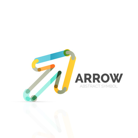 Linear arrow abstract logo, connected multicolored segments of lines in directional pointer figure. Vector wire business icon isolated on whiteのイラスト素材