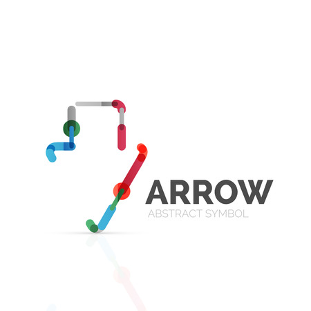 Linear arrow abstract logo, connected multicolored segments of lines in directional pointer figure. Vector wire business icon isolated on whiteのイラスト素材