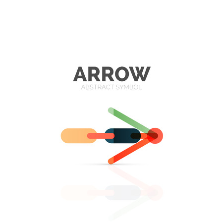 Linear arrow abstract logo, connected multicolored segments of lines in directional pointer figure. Vector wire business icon isolated on whiteのイラスト素材