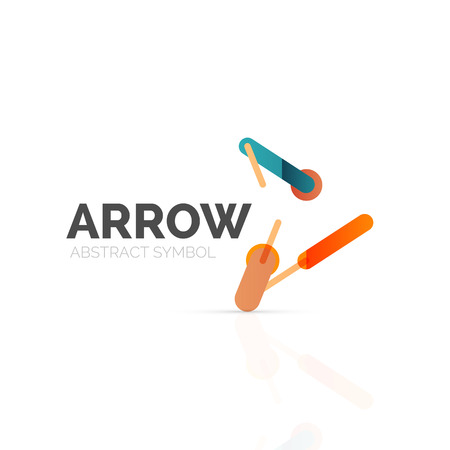 Linear arrow abstract logo, connected multicolored segments of lines in directional pointer figure. Vector wire business icon isolated on whiteのイラスト素材
