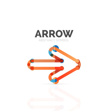 Linear arrow abstract logo, connected multicolored segments of lines in directional pointer figure. Vector wire business icon isolated on whiteのイラスト素材