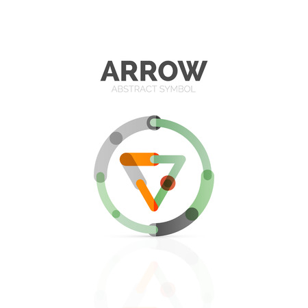 Linear arrow abstract logo, connected multicolored segments of lines in directional pointer figure. Vector wire business icon isolated on whiteのイラスト素材