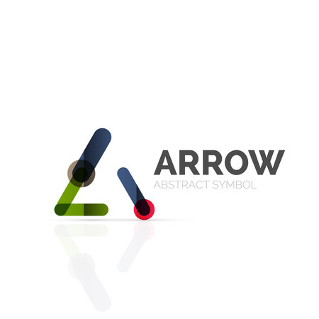 Linear arrow abstract logo, connected multicolored segments of lines in directional pointer figure. Vector wire business icon isolated on whiteのイラスト素材