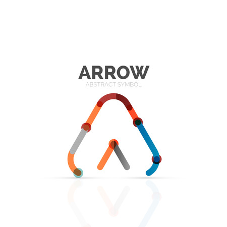 Linear arrow abstract logo, connected multicolored segments of lines in directional pointer figure. Vector wire business icon isolated on whiteのイラスト素材