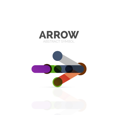 Linear arrow abstract logo, connected multicolored segments of lines in directional pointer figure. Vector wire business icon isolated on whiteのイラスト素材