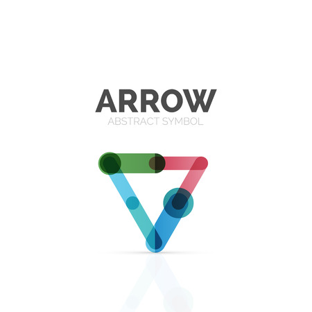 Linear arrow abstract logo, connected multicolored segments of lines in directional pointer figure. Vector wire business icon isolated on whiteのイラスト素材