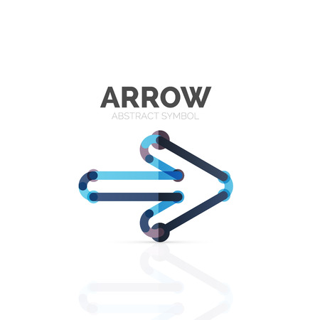 Linear arrow abstract logo, connected multicolored segments of lines in directional pointer figure. Vector wire business icon isolated on whiteのイラスト素材