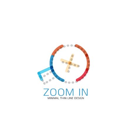 Vector thin line design logo magnifying glass, search and find or zoom logotype concept. Linear minimalistic business icon made of multicolored segmentsのイラスト素材