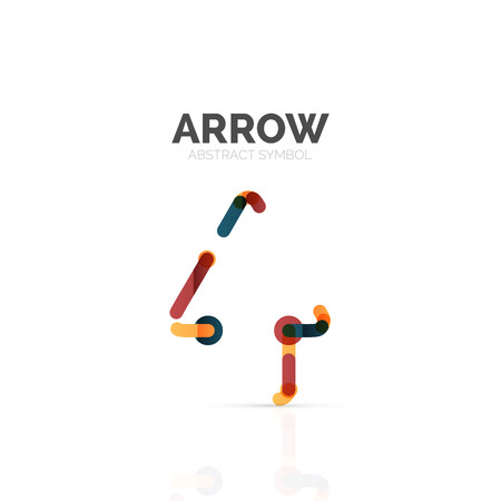 Linear arrow abstract logo, connected multicolored segments of lines in directional pointer figure. Vector wire business icon isolated on whiteのイラスト素材
