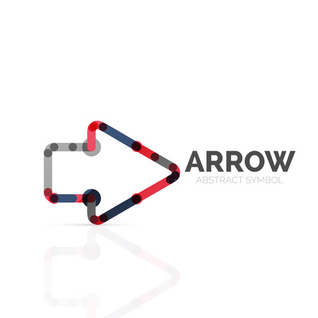 Linear arrow abstract logo, connected multicolored segments of lines in directional pointer figure. Vector wire business icon isolated on whiteのイラスト素材