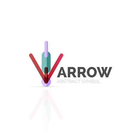 Linear arrow abstract logo, connected multicolored segments of lines in directional pointer figure. Vector wire business icon isolated on whiteのイラスト素材