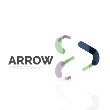 Linear arrow abstract logo, connected multicolored segments of lines in directional pointer figure. Vector wire business icon isolated on whiteのイラスト素材