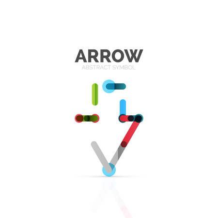 Linear arrow abstract logo, connected multicolored segments of lines in directional pointer figure. Vector wire business icon isolated on whiteのイラスト素材
