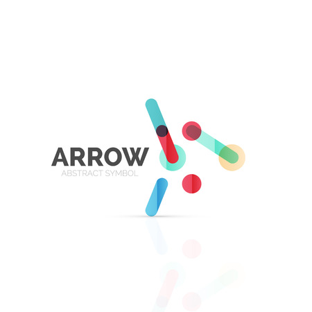 Linear arrow abstract logo, connected multicolored segments of lines in directional pointer figure. Vector wire business icon isolated on whiteのイラスト素材