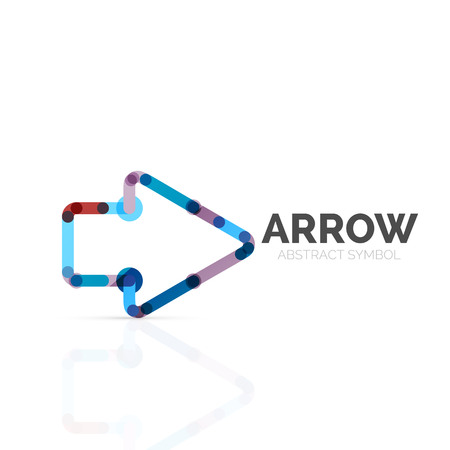 Linear arrow abstract logo, connected multicolored segments of lines in directional pointer figure. Vector wire business icon isolated on whiteのイラスト素材