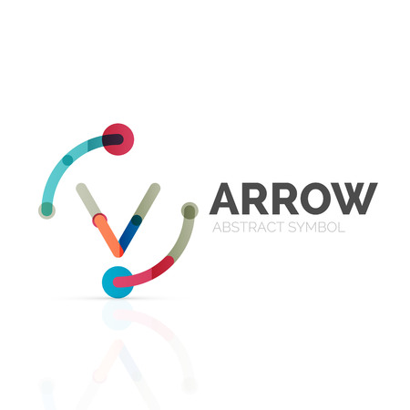 Linear arrow abstract logo, connected multicolored segments of lines in directional pointer figure. Vector wire business icon isolated on whiteのイラスト素材