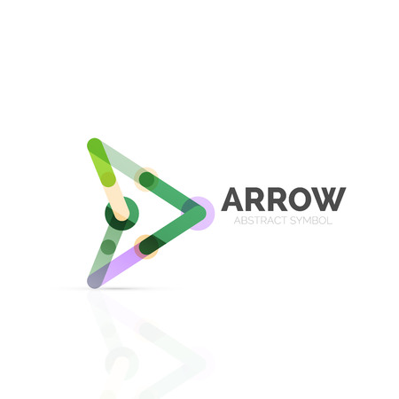 Linear arrow abstract logo, connected multicolored segments of lines in directional pointer figure. Vector wire business icon isolated on whiteのイラスト素材