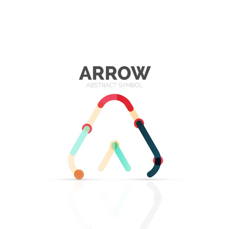 Linear arrow abstract logo, connected multicolored segments of lines in directional pointer figure. Vector wire business icon isolated on whiteのイラスト素材
