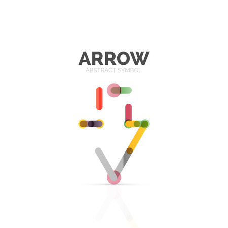 Linear arrow abstract logo, connected multicolored segments of lines in directional pointer figure. Vector wire business icon isolated on whiteのイラスト素材