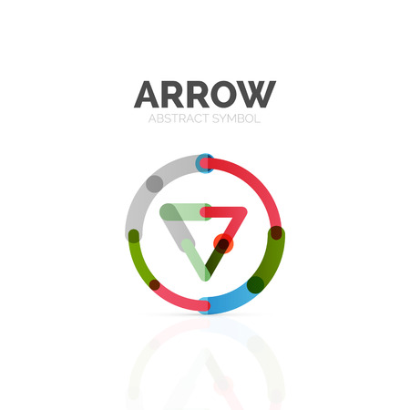 Linear arrow abstract logo, connected multicolored segments of lines in directional pointer figure. Vector wire business icon isolated on whiteのイラスト素材
