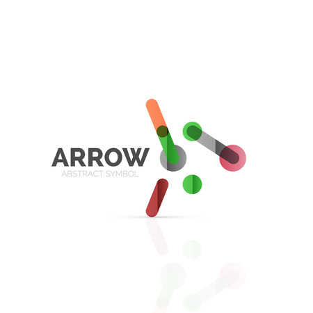 Linear arrow abstract logo, connected multicolored segments of lines in directional pointer figure. Vector wire business icon isolated on whiteのイラスト素材