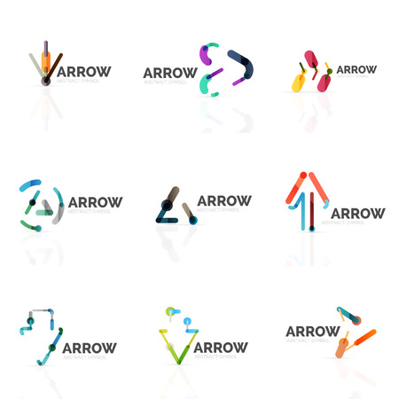 Set of linear arrow abstract logos, connected multicolored segments of lines in directional pointer figures. Vector wire business icon collection isolated on whiteのイラスト素材