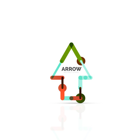 Linear arrow abstract logo, connected multicolored segments of lines in directional pointer figure. Vector wire business icon isolated on whiteのイラスト素材