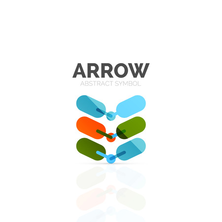 Linear arrow abstract logo, connected multicolored segments of lines in directional pointer figure. Vector wire business icon isolated on whiteのイラスト素材