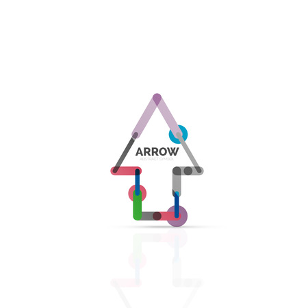 Linear arrow abstract logo, connected multicolored segments of lines in directional pointer figure. Vector wire business icon isolated on whiteのイラスト素材