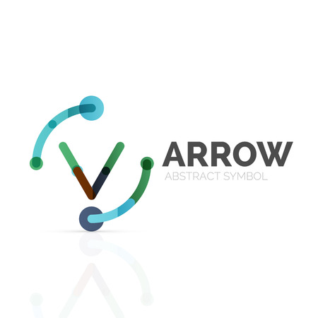 Linear arrow abstract logo, connected multicolored segments of lines in directional pointer figure. Vector wire business icon isolated on whiteのイラスト素材