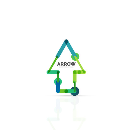 Linear arrow abstract logo, connected multicolored segments of lines in directional pointer figure. Vector wire business icon isolated on whiteのイラスト素材