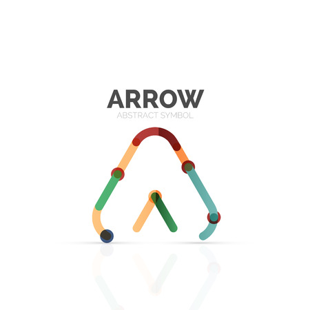 Linear arrow abstract logo, connected multicolored segments of lines in directional pointer figure. Vector wire business icon isolated on whiteのイラスト素材