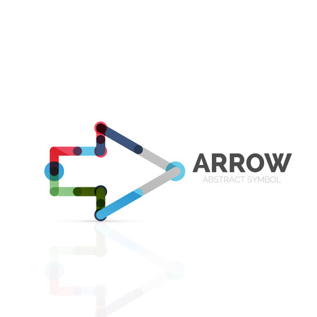 Linear arrow abstract logo, connected multicolored segments of lines in directional pointer figure. Vector wire business icon isolated on whiteのイラスト素材