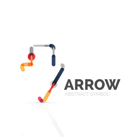 Linear arrow abstract logo, connected multicolored segments of lines in directional pointer figure. Vector wire business icon isolated on whiteのイラスト素材