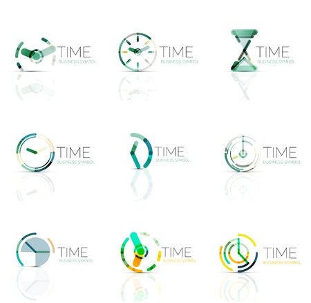 Geometric clock and time icon logo set. Thin line geometric flat style symbols or logotypes. Business time management, running time idea, timing conceptのイラスト素材